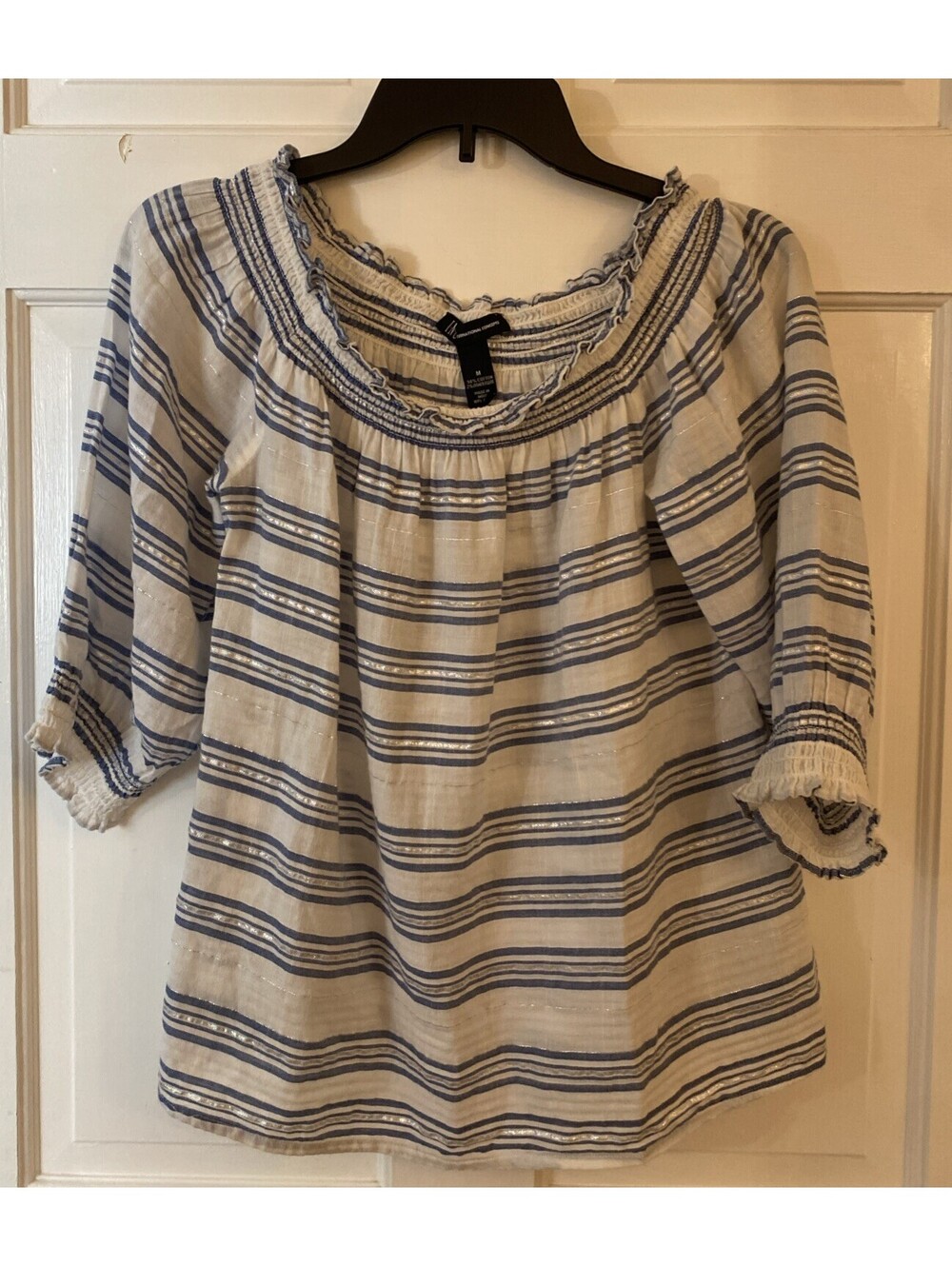 INC Off Shoulder Boatneck Semi Sheer Blue White Nautical Lightweight Blouse Med
